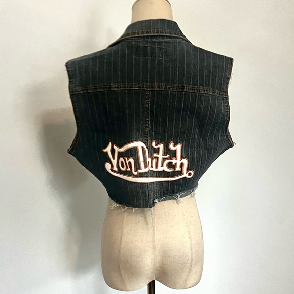 VTG Von Dutch Cropped Denim Vest Y2K 2000s Streetwear Logo Back Raw Hem Size M - Picture 4 of 7